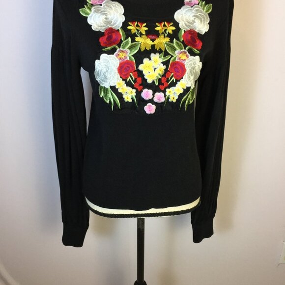 Magaschoni Sweater XL Womans Black Silk Blend Floral Embroidered Balloon Sleeve - Picture 6 of 16